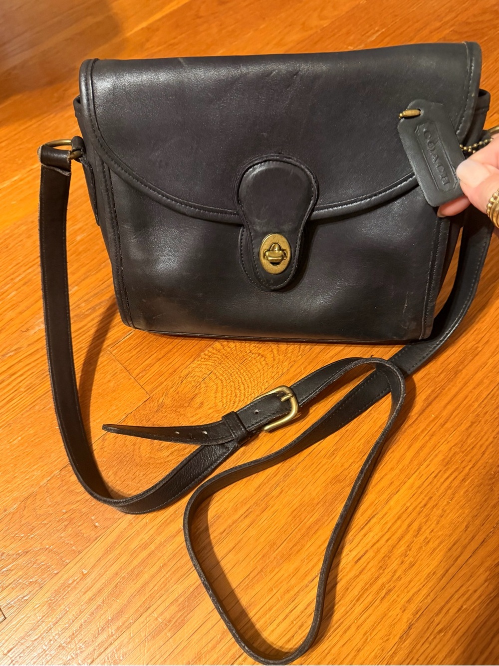 Vintage Early 1980’s Coach Black Leather Crossbody with Brass Turnlock Accent